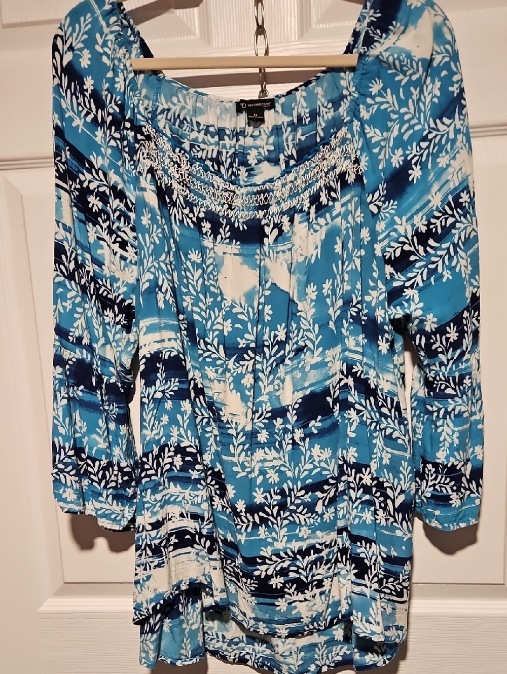 Blue Floral Smocked Neck Tunic Top